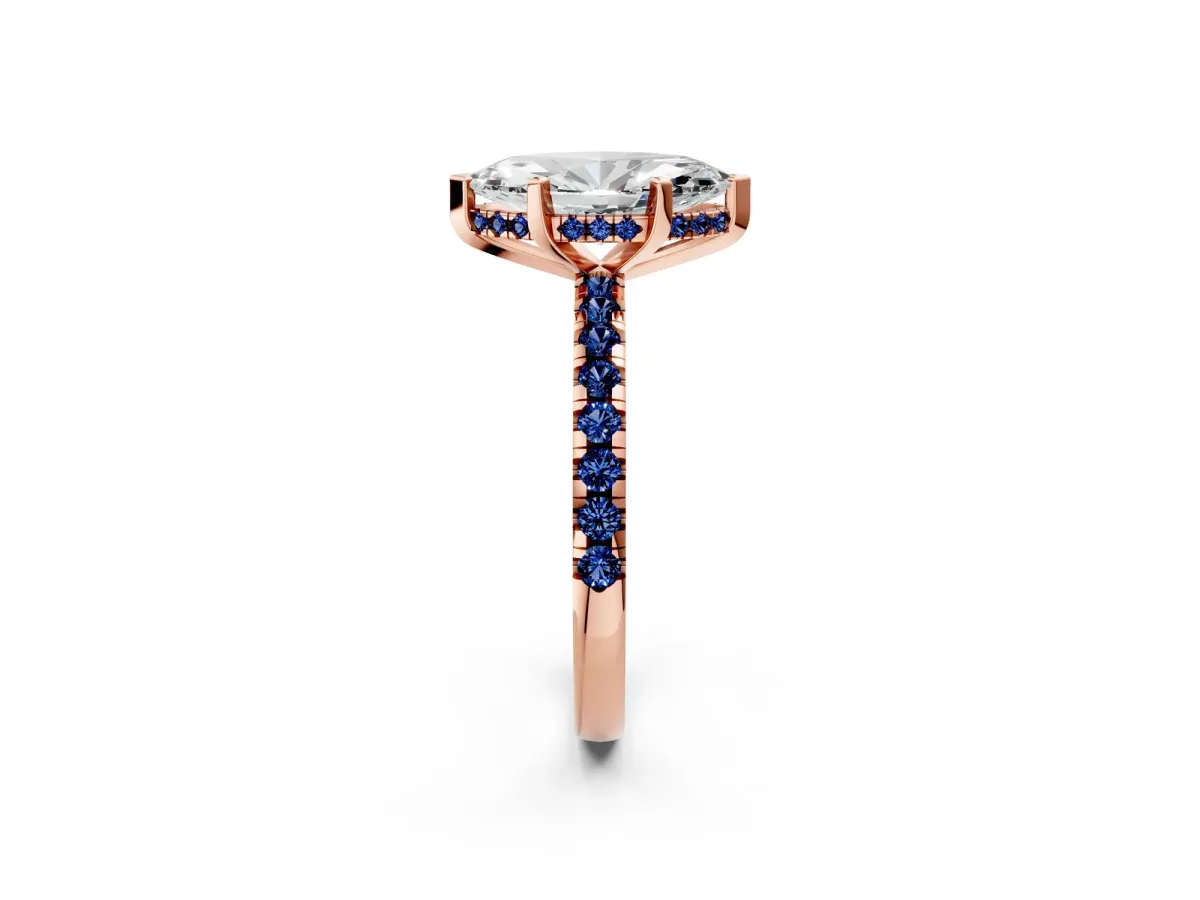 Marquise Cut Diamond Solitaire Ring with Round Blue Sapphire Pavé Band and Four-Prong Setting Rose gold