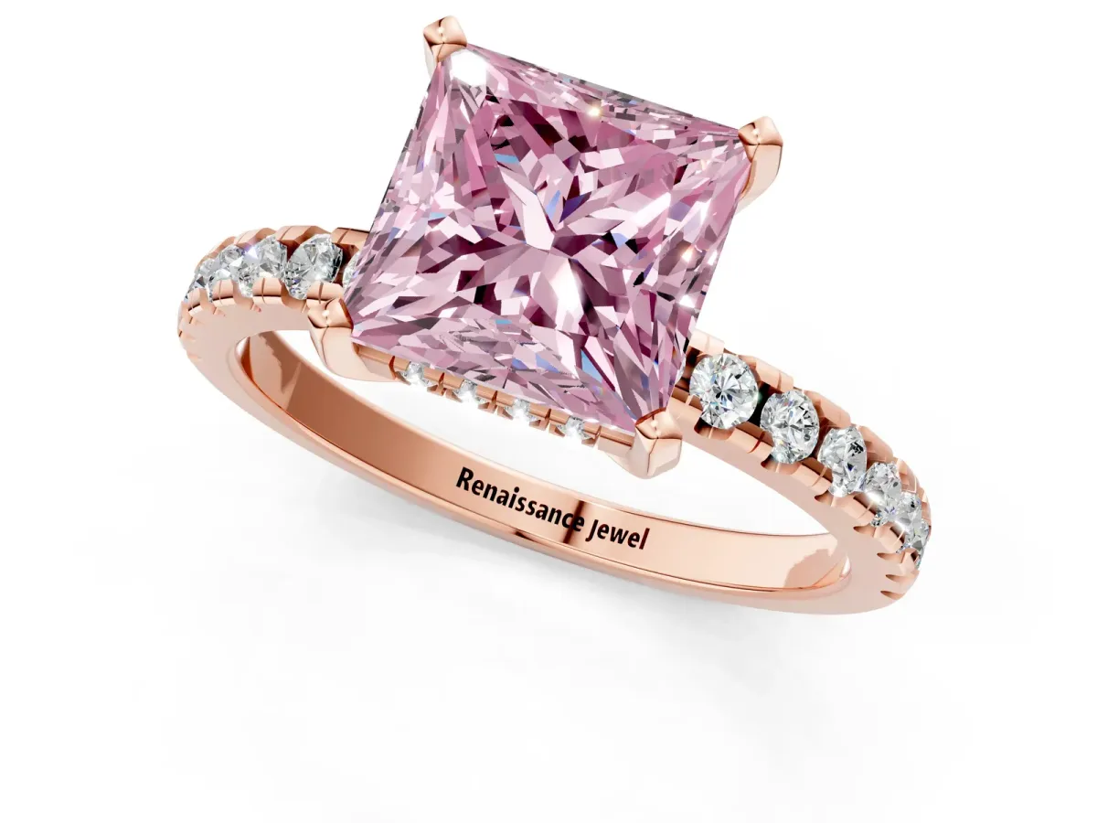 Fancy Pink Princess Cut Diamond Solitaire Ring with Round Pavé Band and Four-Prong Setting Rose gold