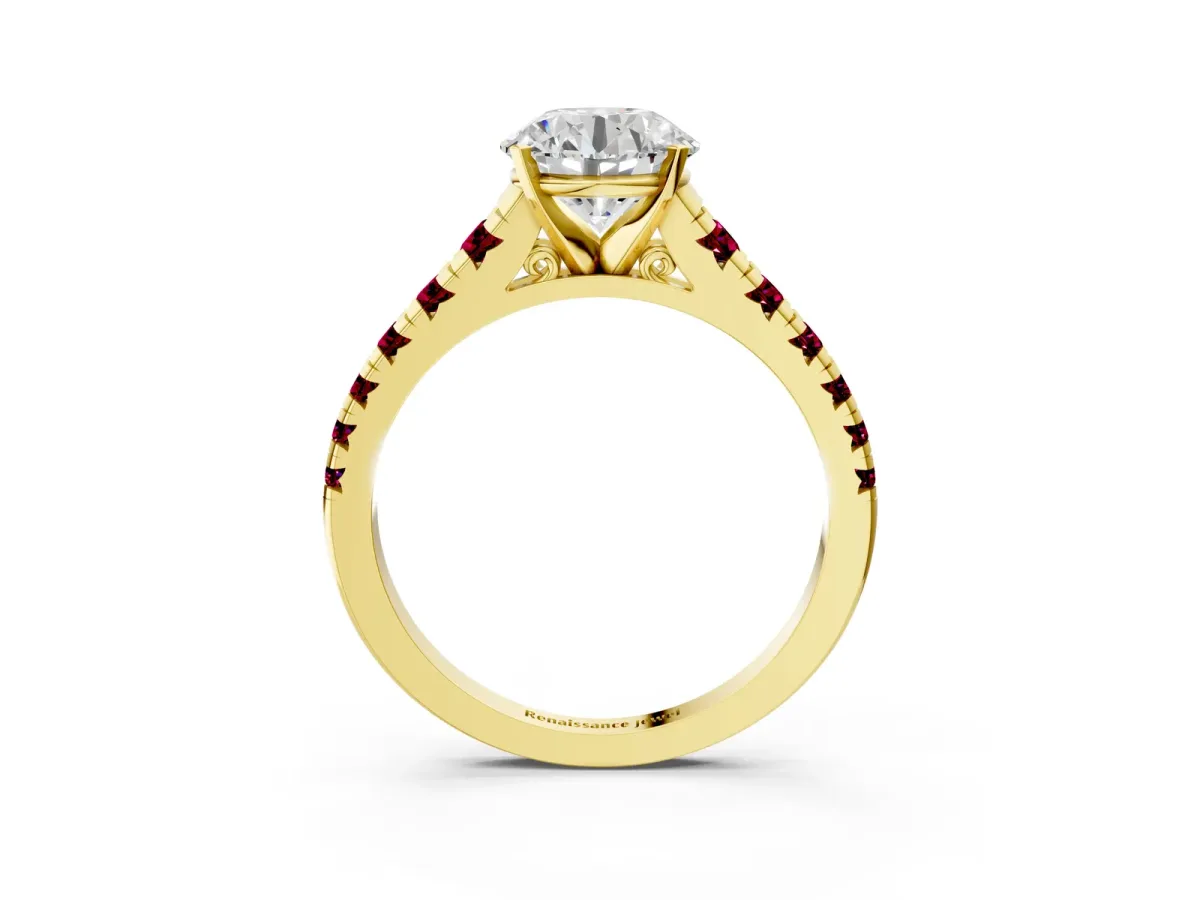 Round Cut Diamond Cathedral Solitaire Ring with Round Garnet Pavé Band Yellow gold