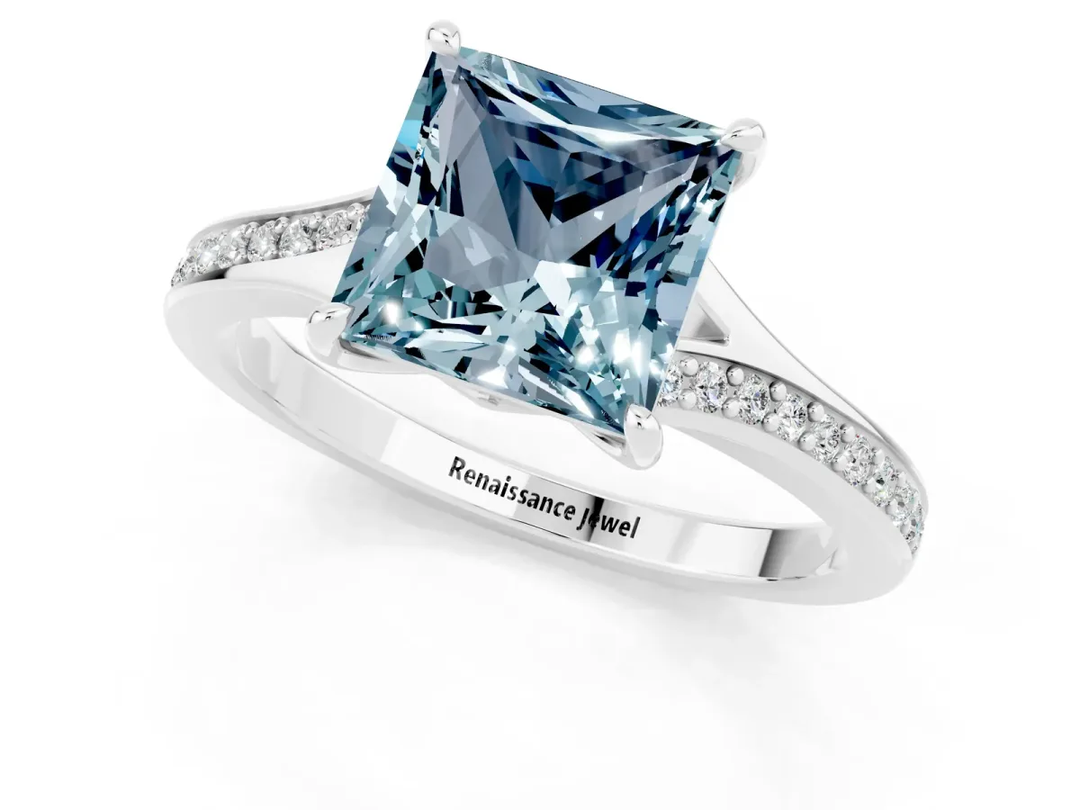 Princess Cut Aquamarine Solitaire Ring with Pavé Band and Prong Setting Silver