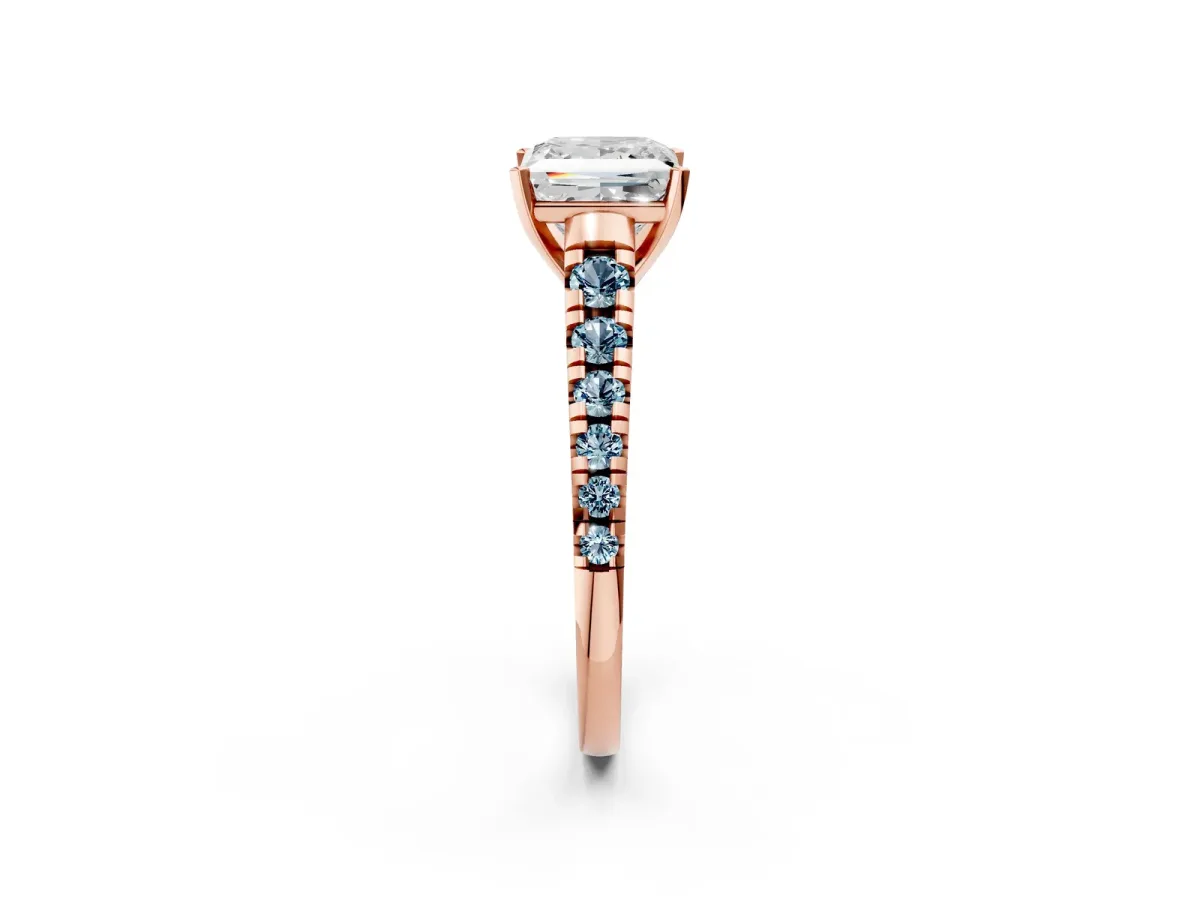 Princess Cut Diamond Cathedral Solitaire Ring with Round Aquamarine Pavé Band Rose gold
