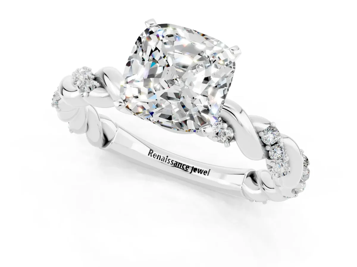 Cushion Cut Moissanite Solitaire Ring with Twisted Band and Pavé Accents White gold