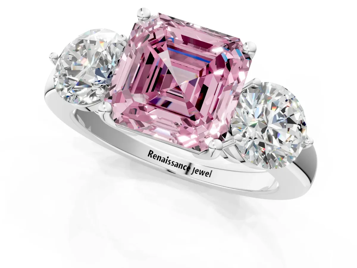 Fancy Pink Asscher Cut Diamond Three-Stone Ring with Prong Setting and Classic Band Platinum