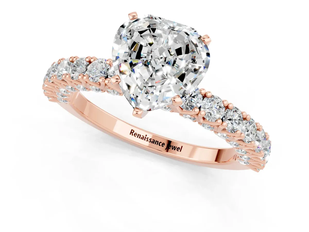 Heart Cut Moissanite Solitaire Ring with Round Accent Pavé Band and Prong Setting Rose gold