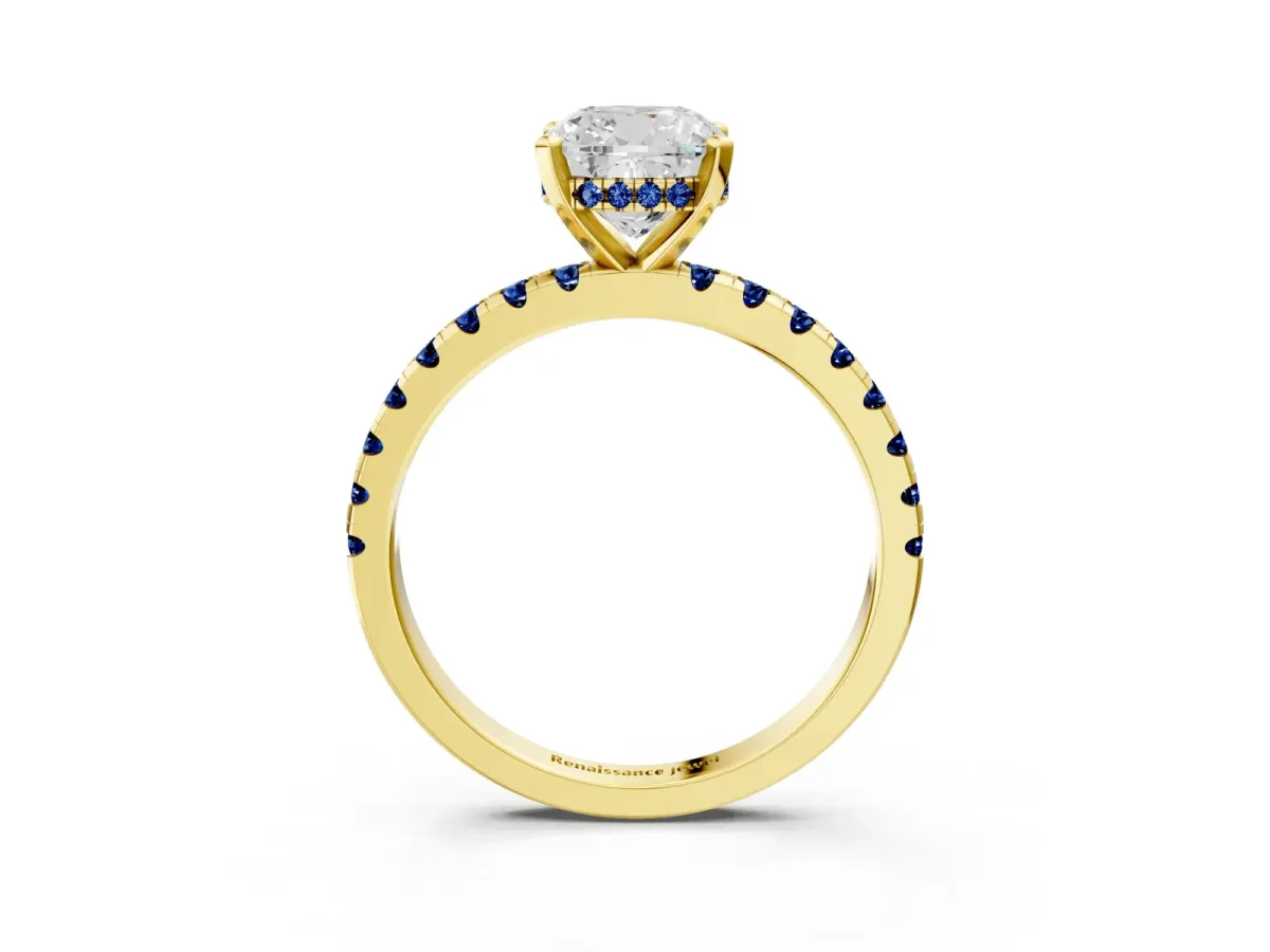 Cushion Cut Diamond Solitaire Ring with Round Blue Sapphire Pavé Band and Four-Prong Setting Yellow gold