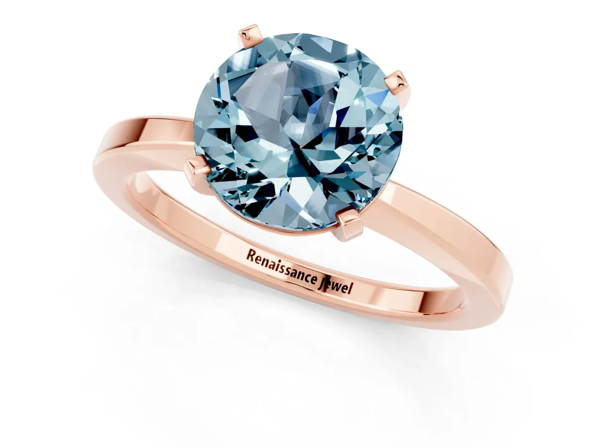 Round Cut Aquamarine Solitaire Engagement Ring with Classic Band and Four-Prong Setting Rose gold