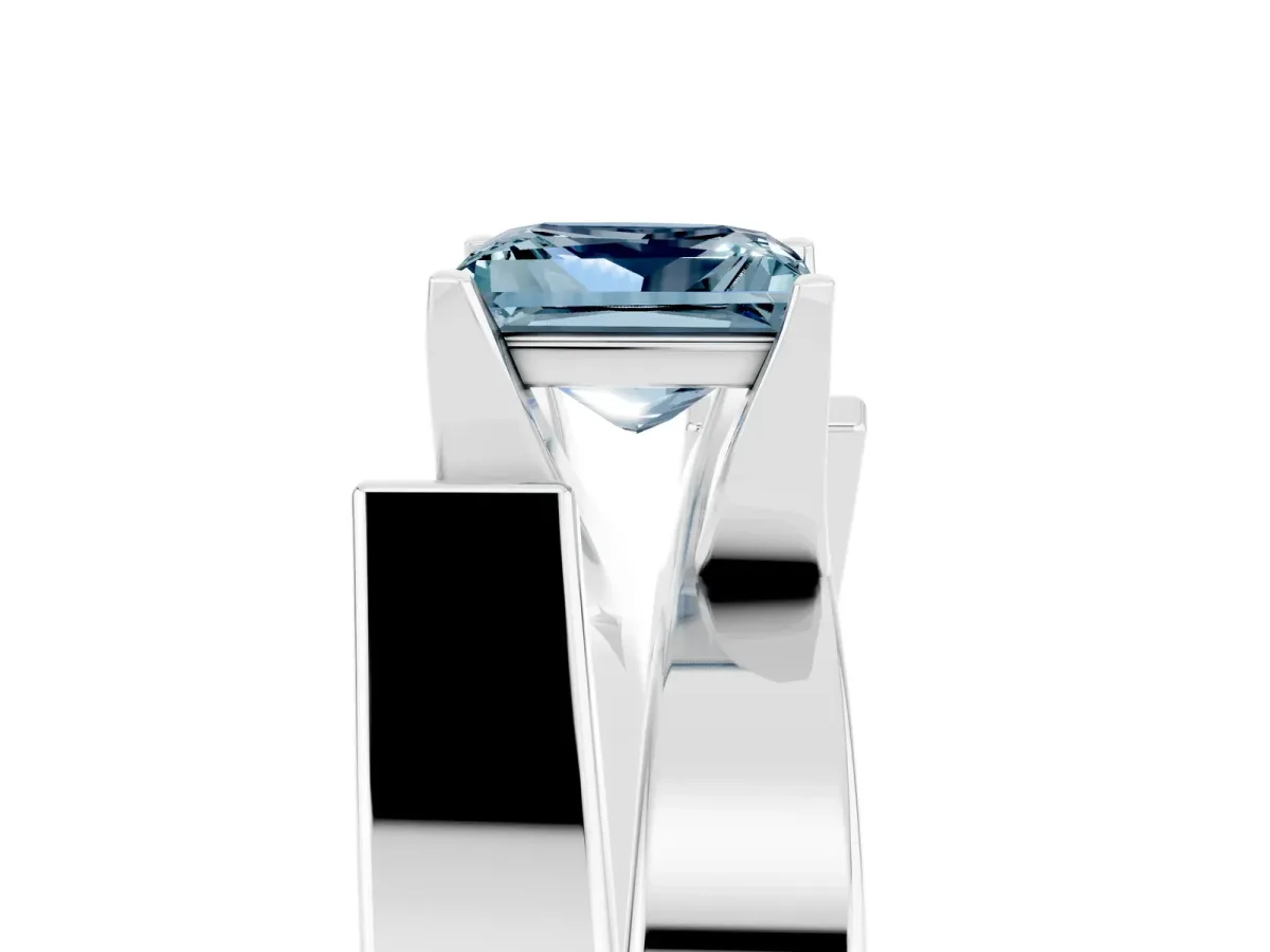 Modern Tension Set Princess Cut Aquamarine Solitaire Wide Band Ring White gold
