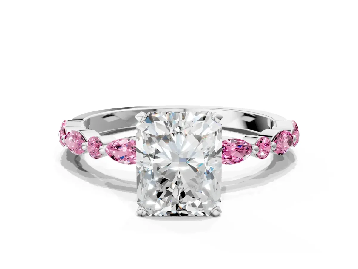 Radiant Cut Diamond Ring with Marquise and Round Pink Sapphire Side Stones and Four-Prong Setting Platinum
