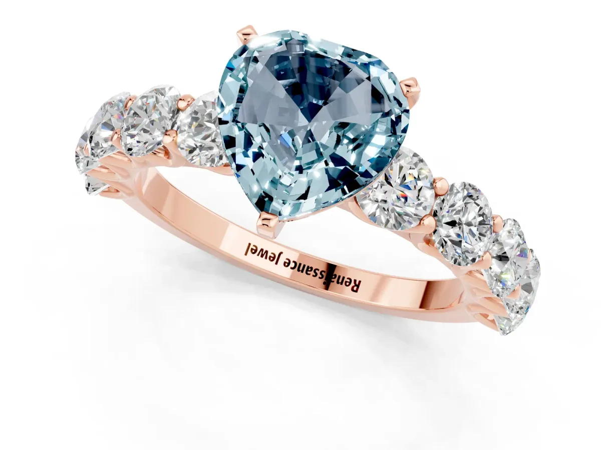 Heart Cut Aquamarine Prong Setting with Side Stones on a Pave Band Rose gold