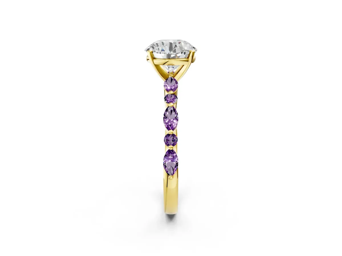 Round Cut Diamond Ring with Marquise and Round Amethyst Side Stones and Four-Prong Setting Yellow gold
