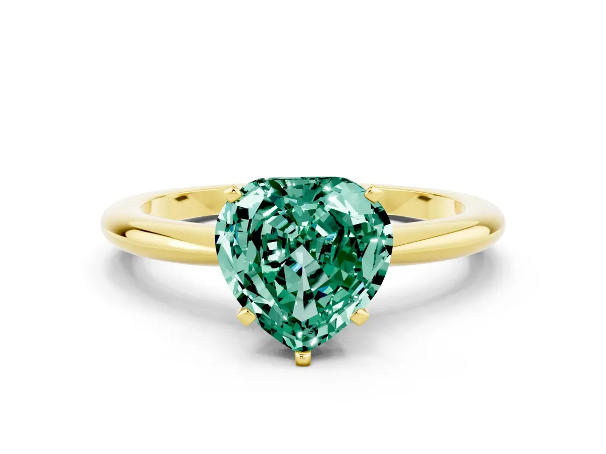 Heart Cut Green Sapphire Solitaire Ring with Six-Prong Setting and Classic Band Yellow gold