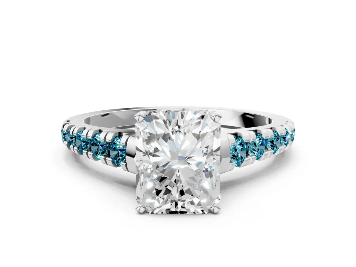 Radiant Cut Diamond Cathedral Solitaire Ring with Round Blue Topaz Pavé Band White gold