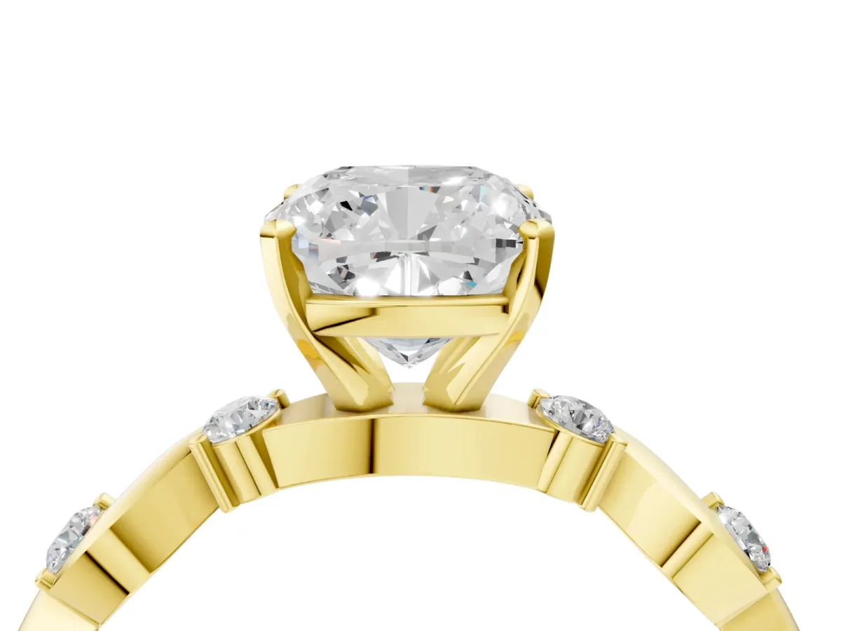 Cushion Cut Diamond Solitaire Twisted Band with Round Accents and Prong Setting Yellow gold