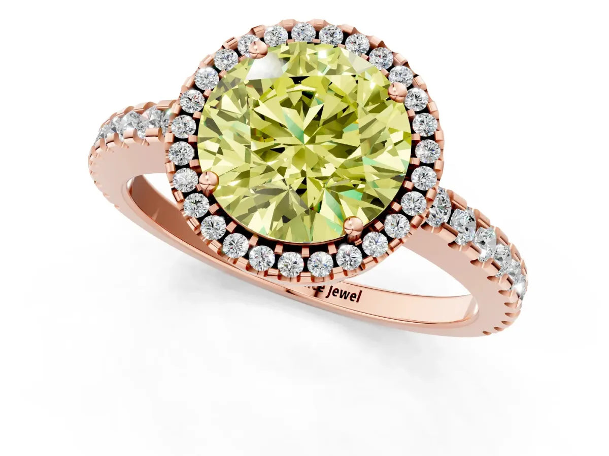 Fancy Yellow Round Cut Diamond Halo Engagement Ring with Pavé Band and Prong Setting Rose gold