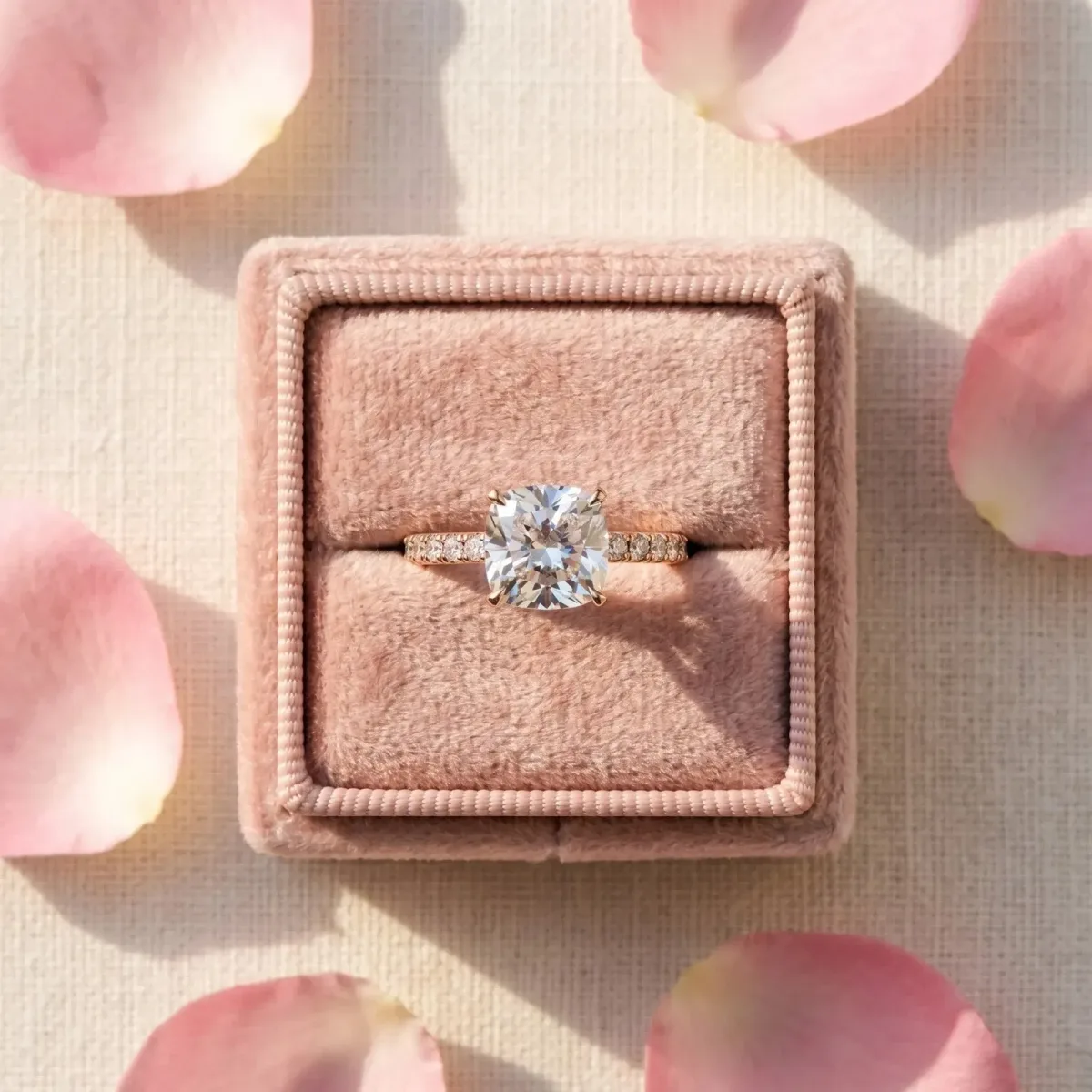 Cushion Cut Moissanite Solitaire Ring with Round Pavé Band and Four-Prong Setting Rose gold