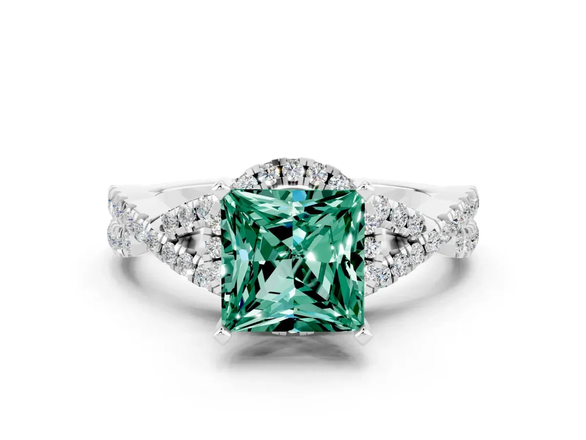 Princess Cut Green Sapphire Halo Twist Band Solitaire Prong Setting Ring White gold