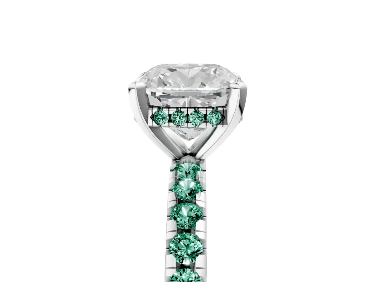 Cushion Cut Diamond Solitaire Ring with Round Green Sapphire Pavé Band and Four-Prong Setting Platinum