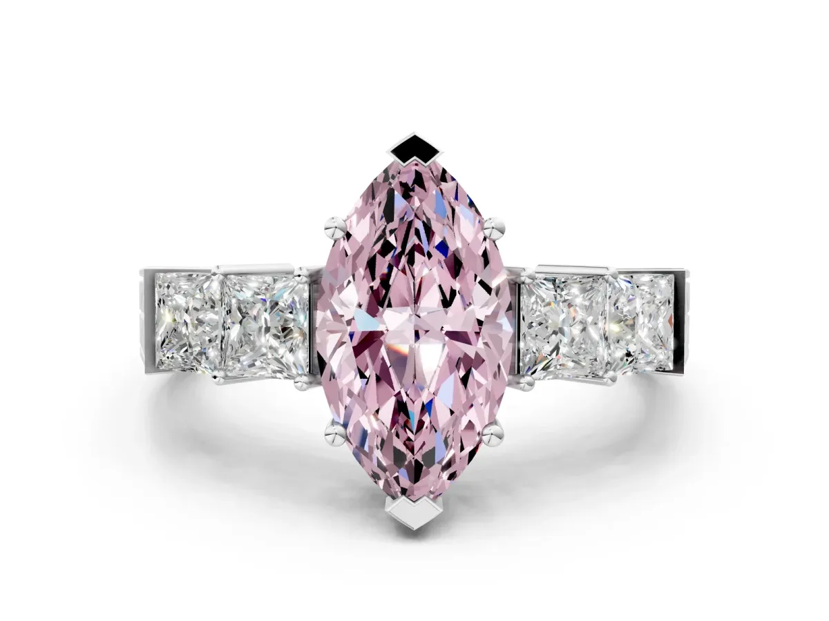 Fancy Pink Marquise Cut Solitaire Princess Side Stone Engraved Band Prong Setting Ring Silver