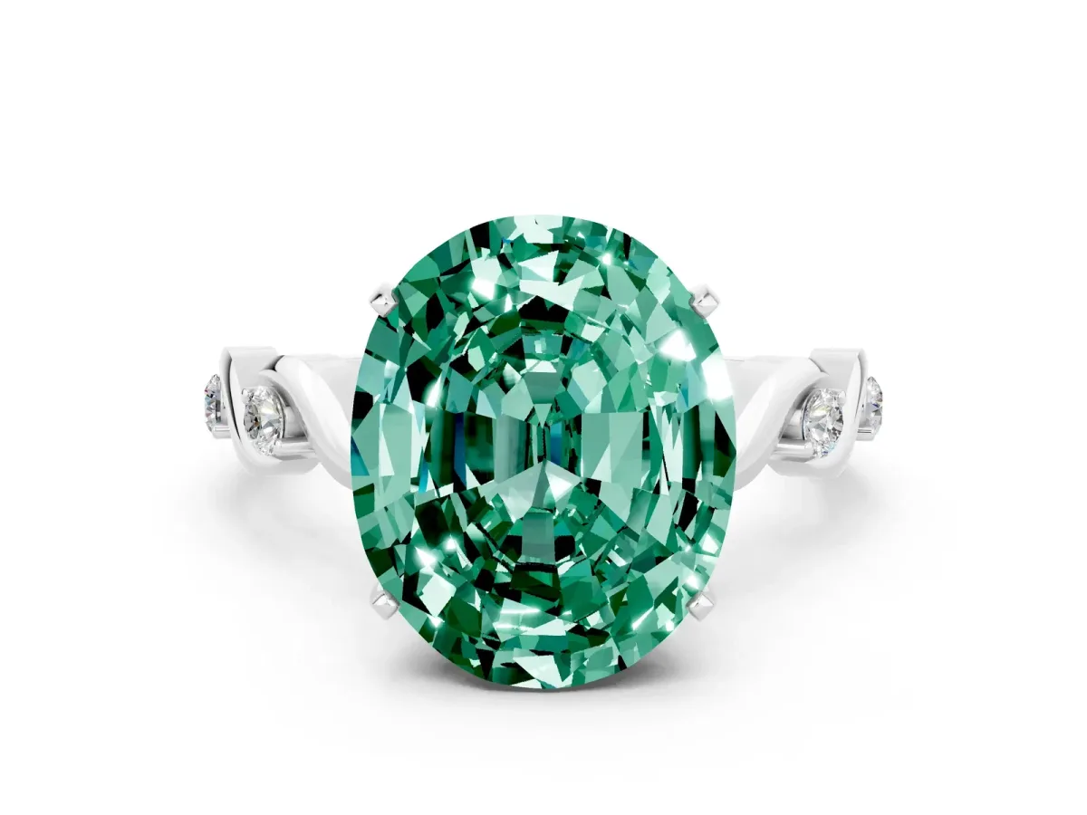 Oval Cut Green Sapphire Solitaire Twisted Band with Round Accents and Prong Setting White gold
