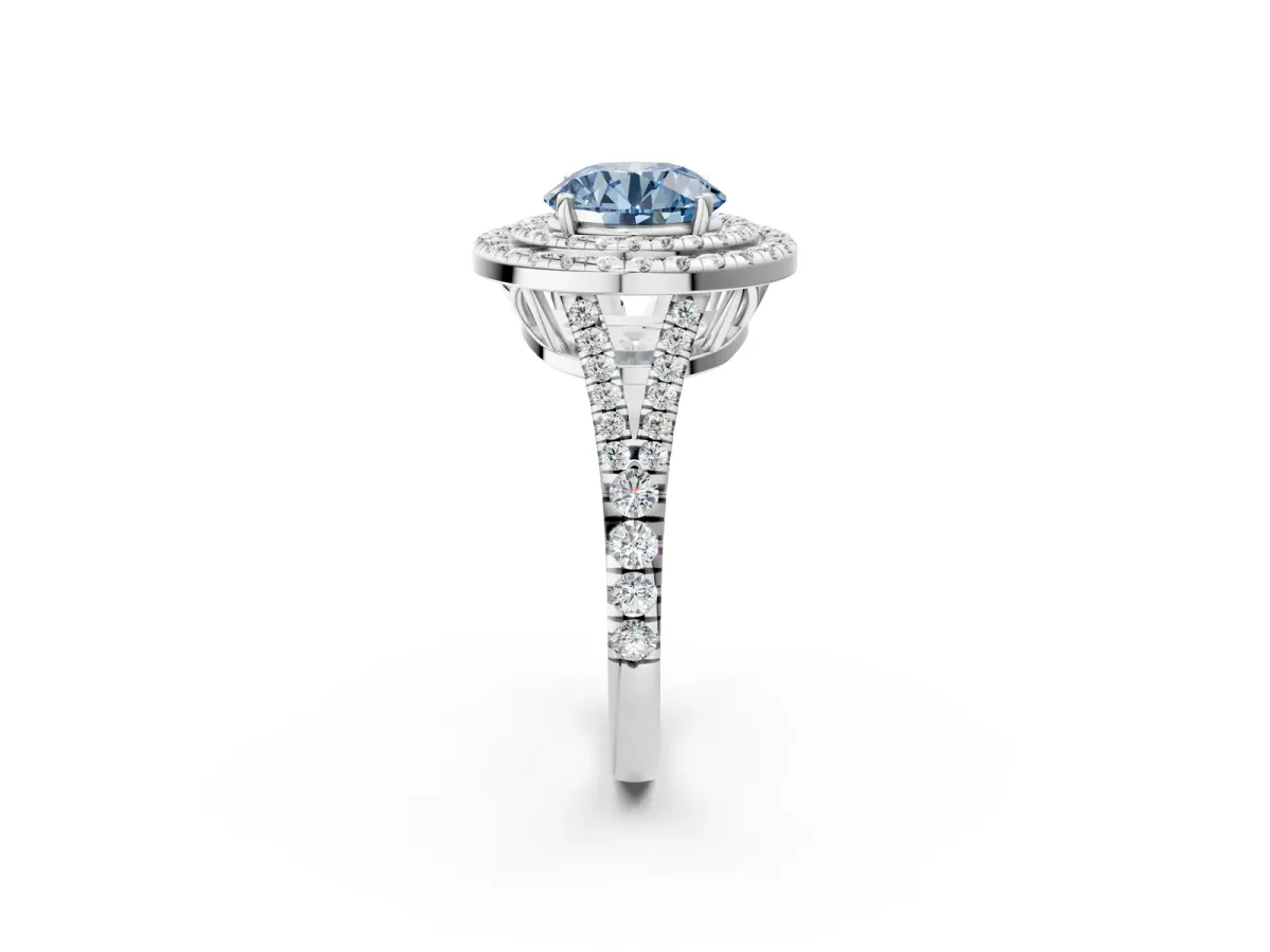 Fancy Blue Round Cut Diamond Double Halo Ring with Pavé Band and Prong Setting Silver