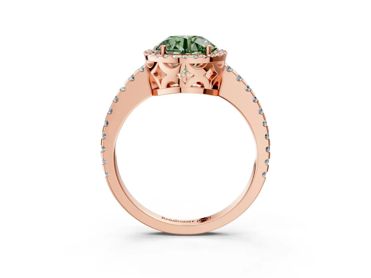 Fancy Green Round Cut Diamond Halo Engagement Ring with Pavé Band and Prong Setting Rose gold