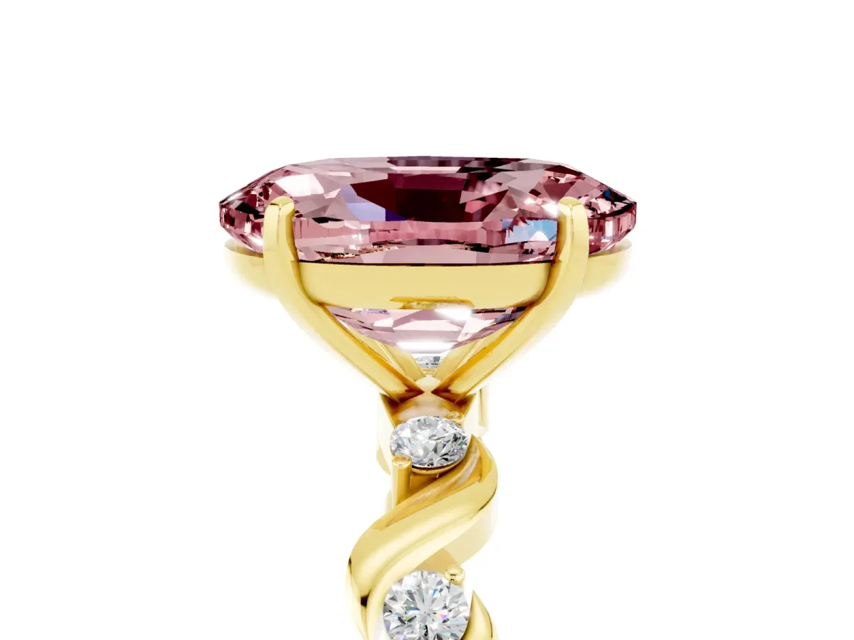 Oval Cut Morganite Solitaire Twisted Band with Round Accents and Prong Setting Yellow gold