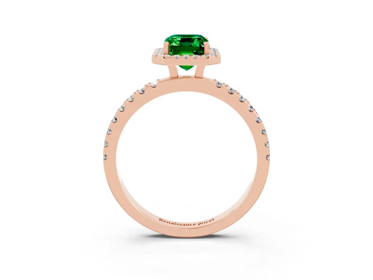 Emerald Cut Emerald Classic Halo Engagement Ring with Round Pavé Band and Prong Setting Rose gold