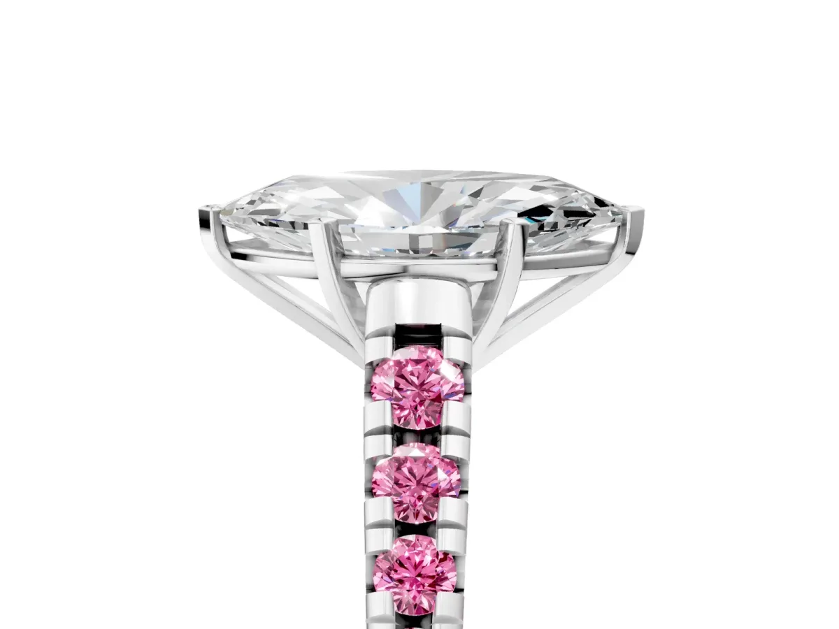 Marquise Cut Diamond Cathedral Solitaire Ring with Round Pink Sapphire Pavé Band White gold