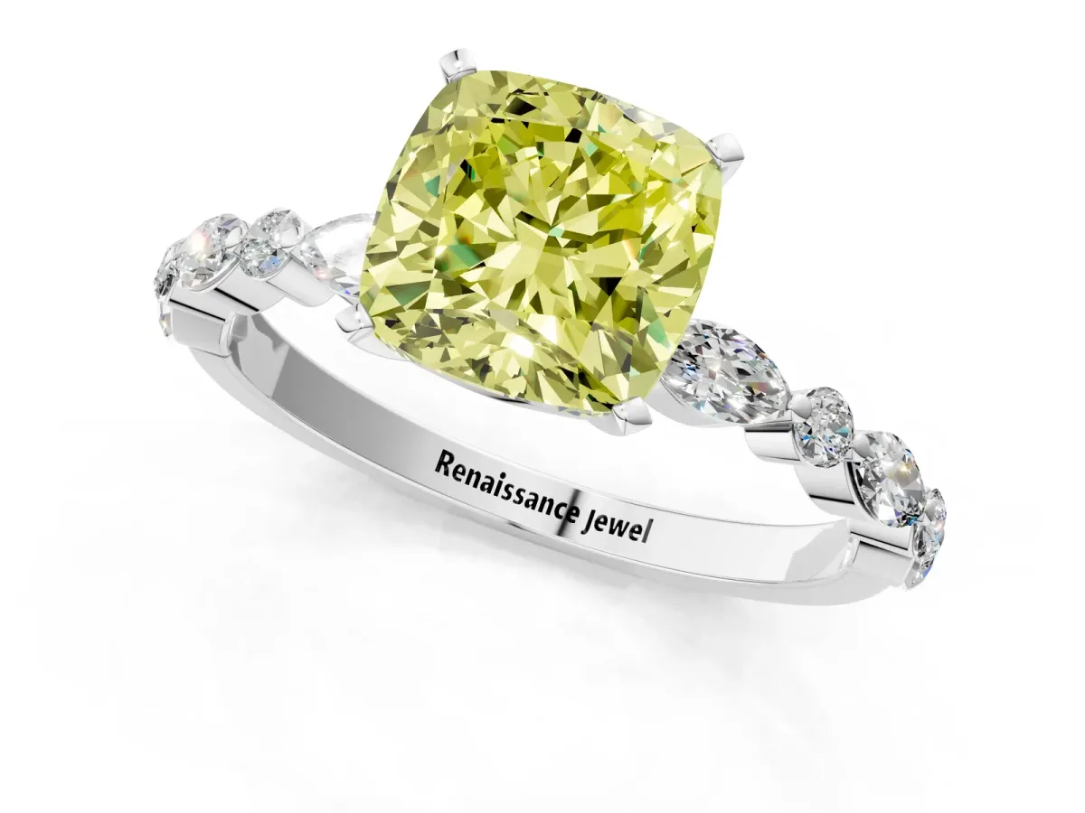 Fancy Yellow Cushion Cut Diamond Ring with Marquise and Round Side Stones and Four-Prong Setting Platinum