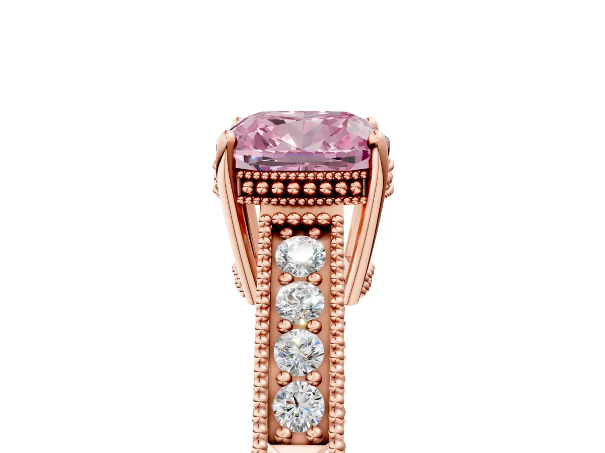 Fancy Pink Cushion Cut Diamond Engagement Ring with Milgrain Channel Set Band and Prong Setting Rose gold