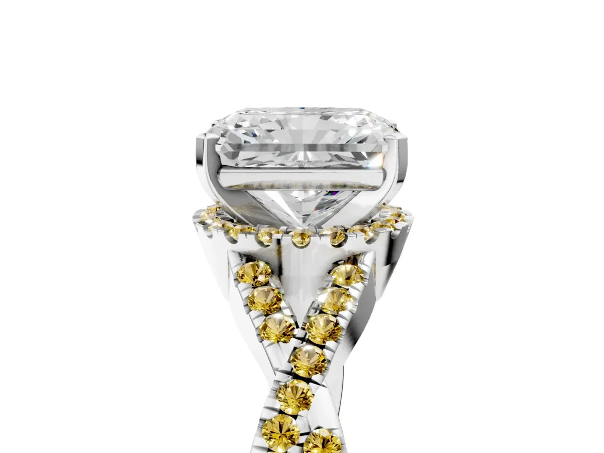 Radiant Cut Diamond Yellow Sapphire Halo Twist Band Solitaire Prong Setting Ring White gold