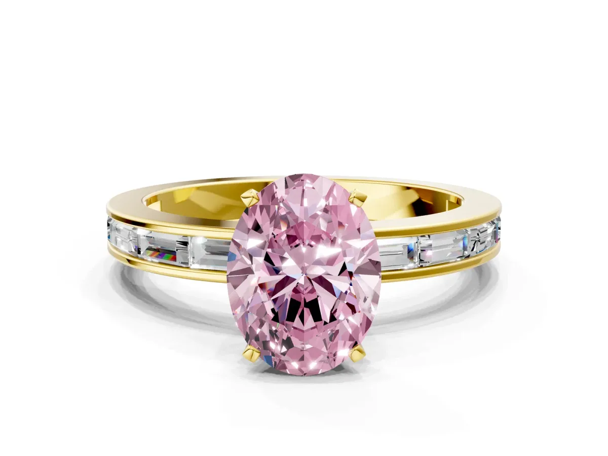 Fancy Pink Oval Cut Solitaire Diamond Ring with Channel-Set Baguette Band and Four-Prong Setting Yellow gold