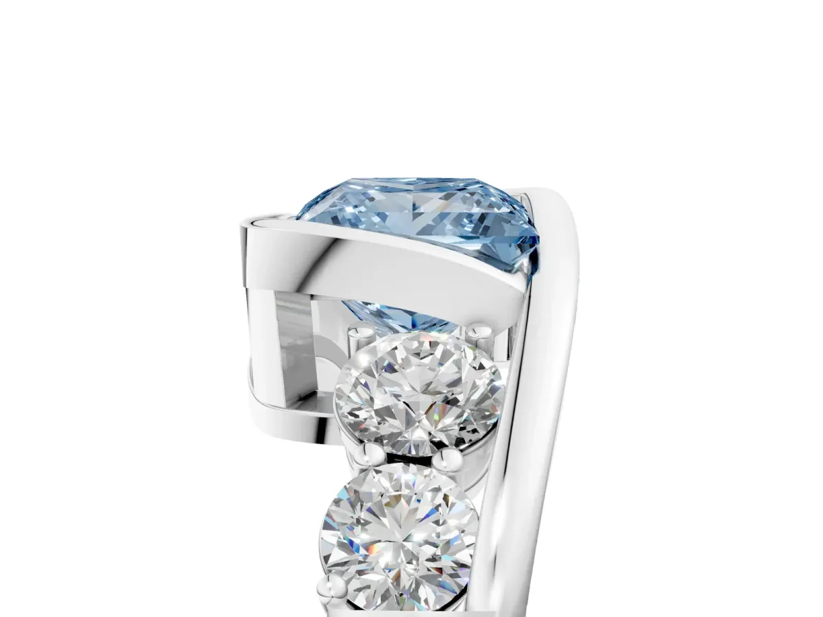 Fancy Blue Bezel Set Princess Cut Diamond Bypass Ring with Round Accents Silver