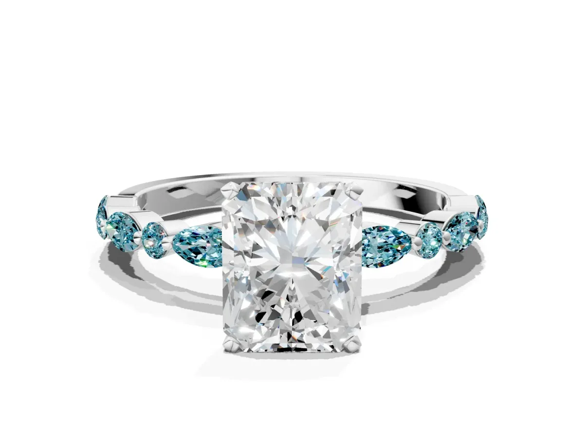 Radiant Cut Diamond Ring with Marquise and Round Blue Topaz Side Stones and Four-Prong Setting Platinum