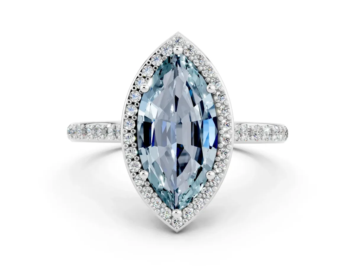 Marquise Cut Aquamarine Halo Engagement Ring with Round Pavé Shoulders and Prong Setting Silver