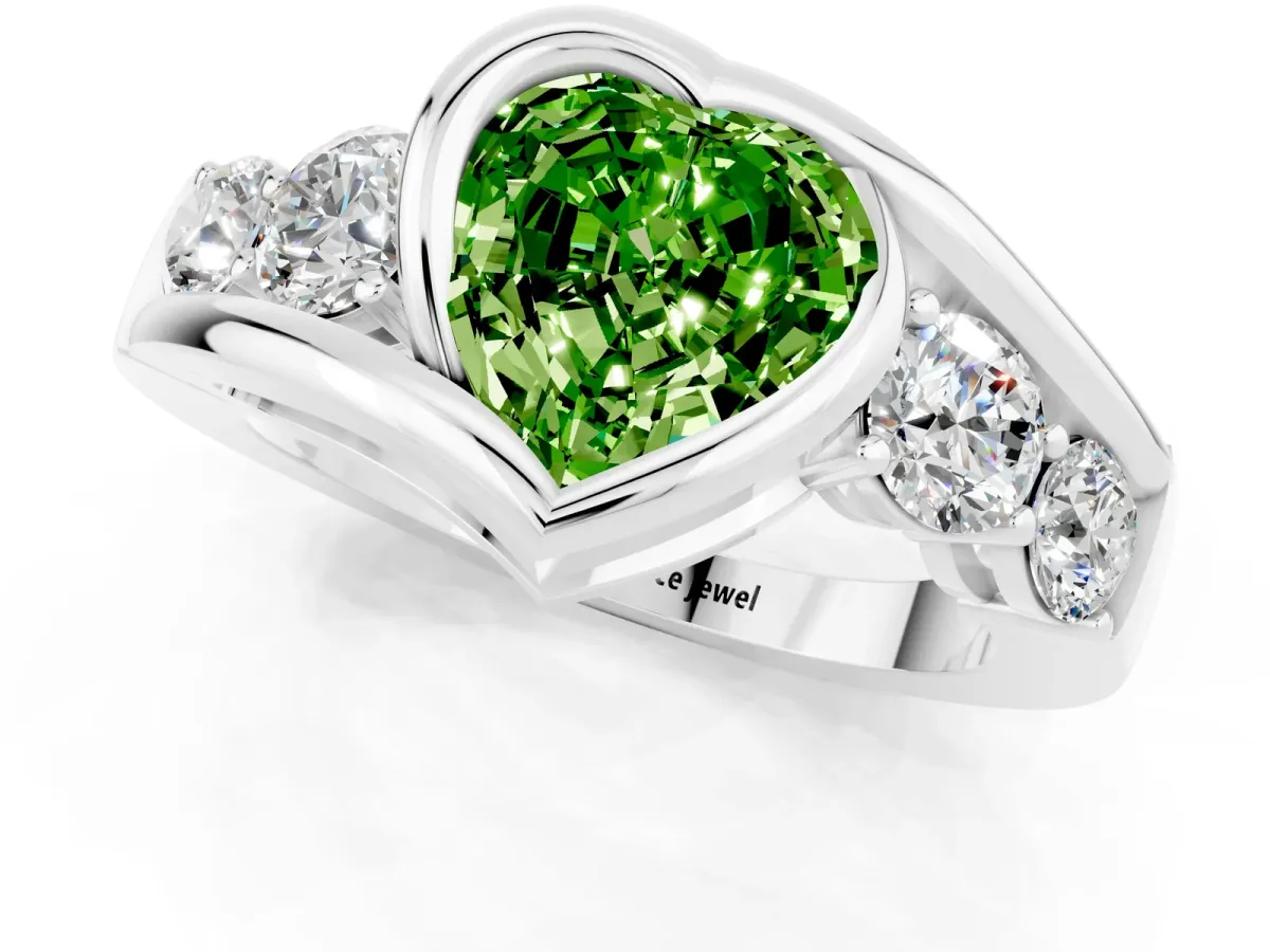 Bezel Set Heart Cut Peridot Bypass Ring with Round Accents Silver