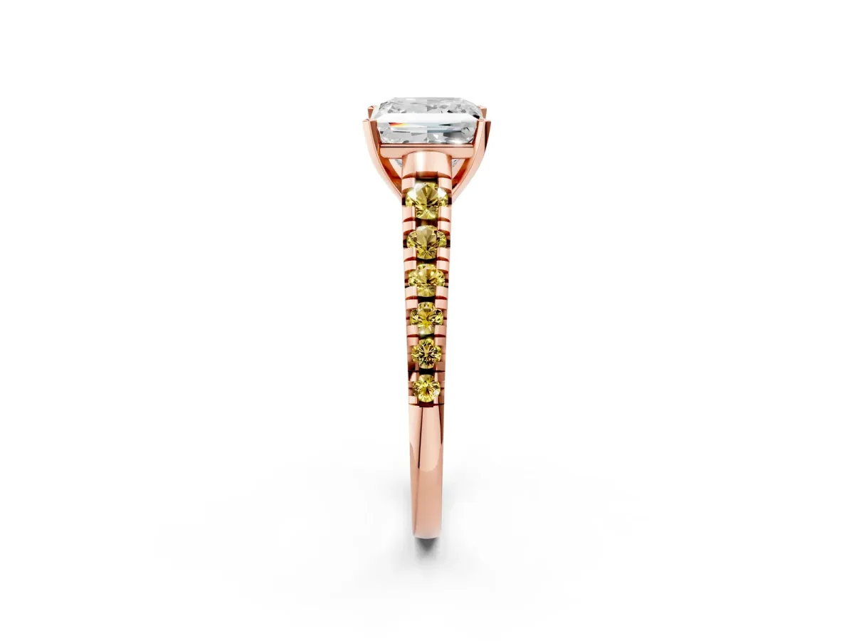 Princess Cut Diamond Cathedral Solitaire Ring with Round Yellow Sapphire Pavé Band Rose gold