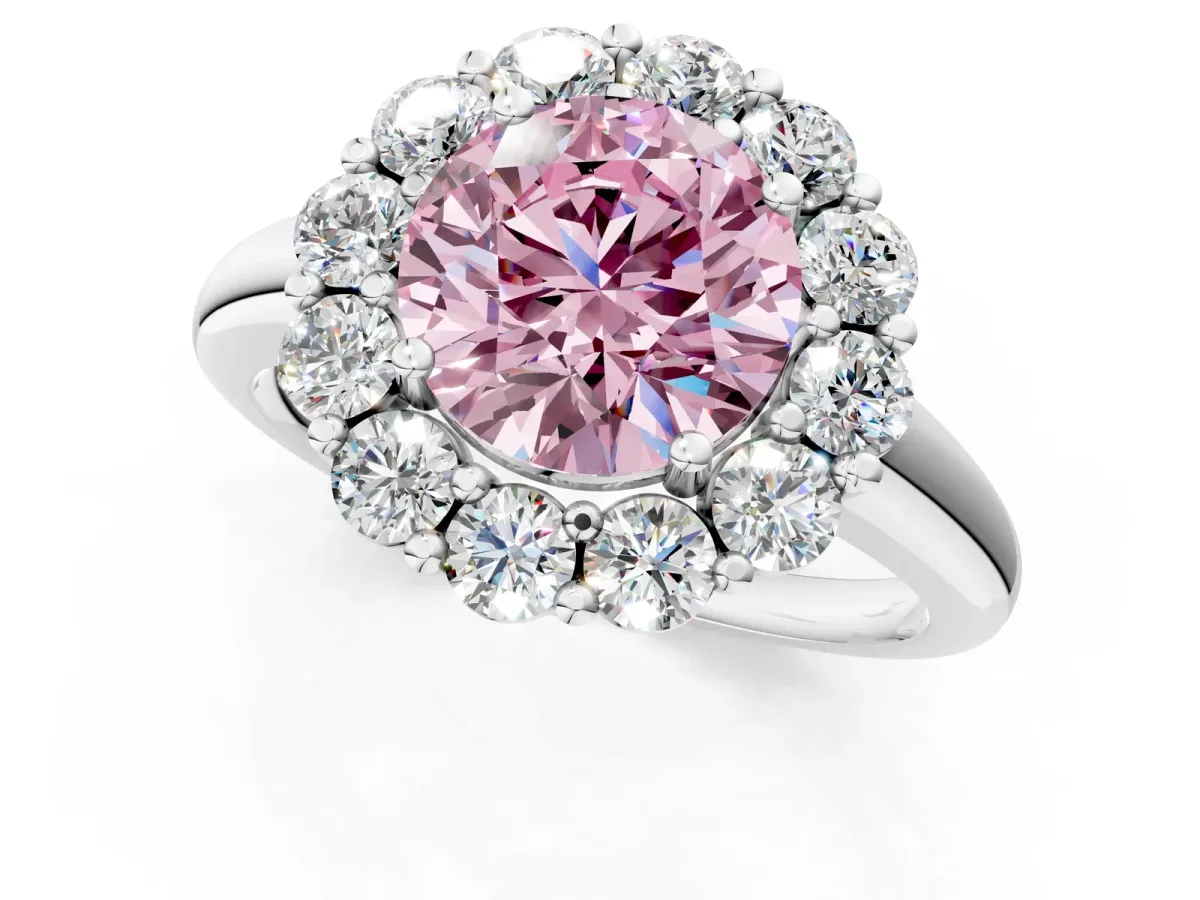 Fancy Pink Round Cut Halo Cluster Diamond Engagement Ring with Prong Setting and Polished Band White gold