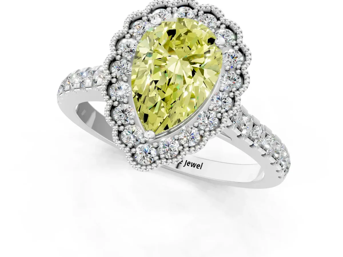 Fancy Yellow Pear Cut Cut Diamond Milgrain Floral Halo Engagement Ring with Pavé Band Silver
