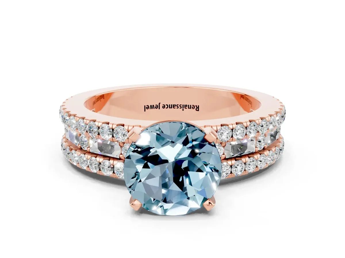 Round Cut Aquamarine Solitaire Ring with Pavé and Channel Set Band Rose gold