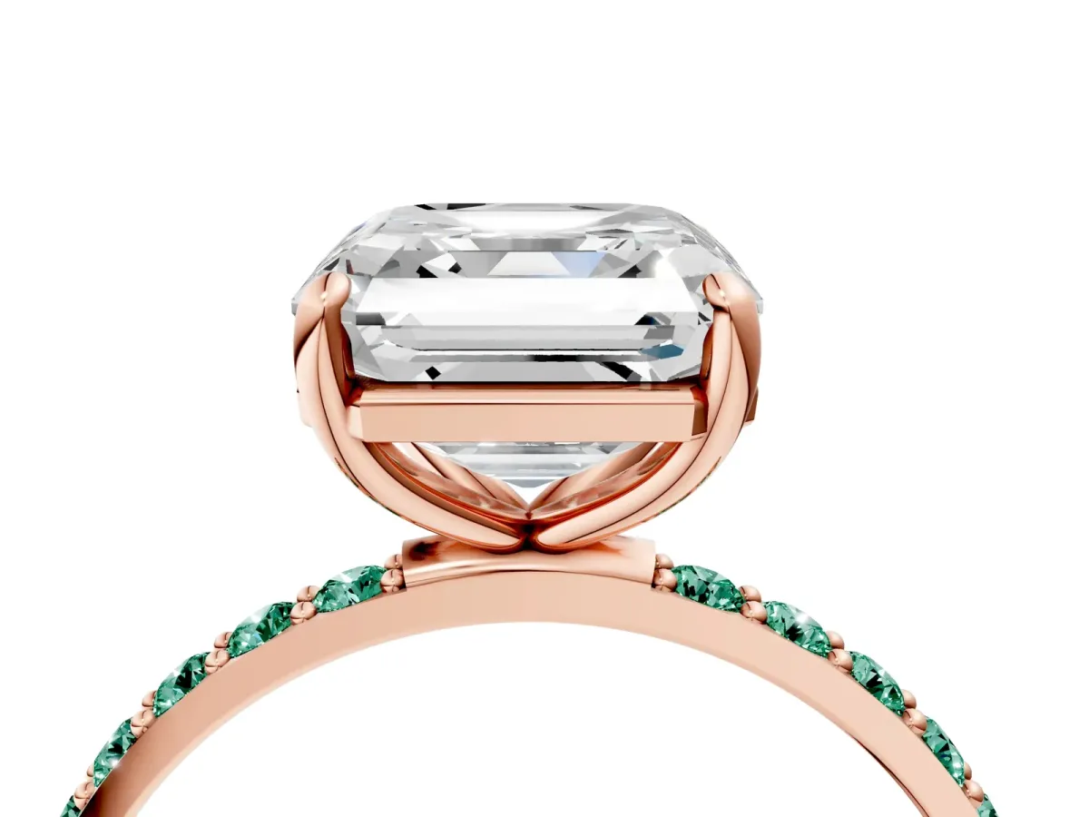 Asscher Cut Diamond Solitaire Ring with Round Green Sapphire Pavé Band and Prong Setting Rose gold