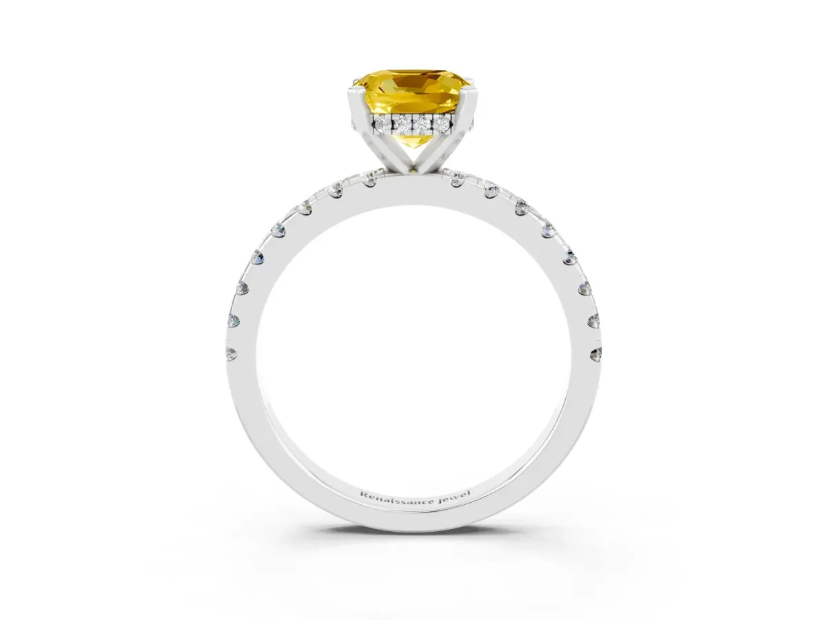Cushion Cut Yellow Sapphire Solitaire Ring with Round Pavé Band and Four-Prong Setting White gold