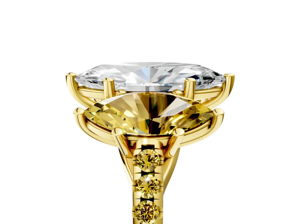 Three-Stone Marquise Cut Diamond Ring with Round Yellow Sapphire Pavé Band and Prong Setting Yellow gold