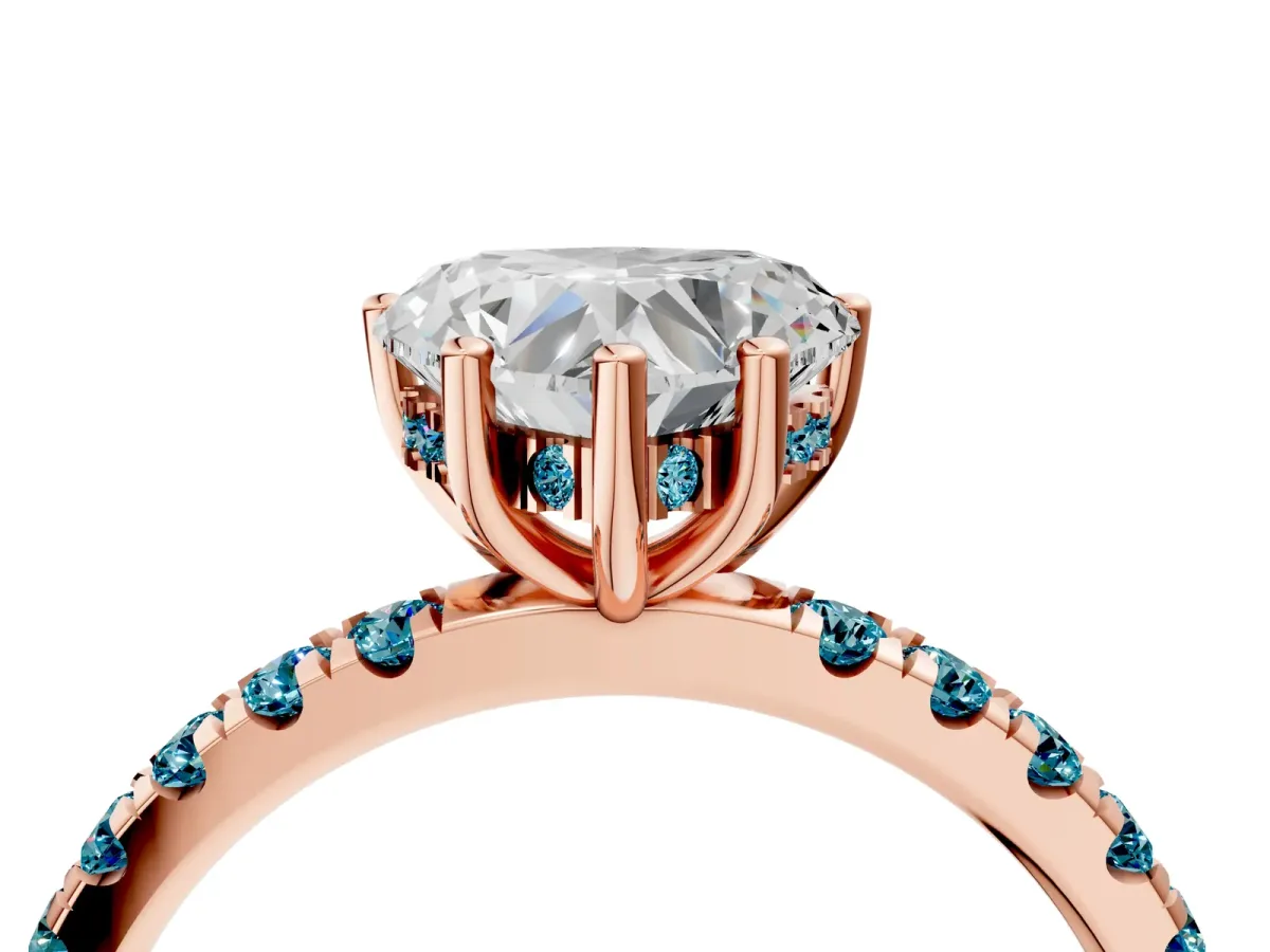 Heart Cut Diamond Pave Band Solitaire Ring with Round Blue Topaz and Prong Setting Rose gold