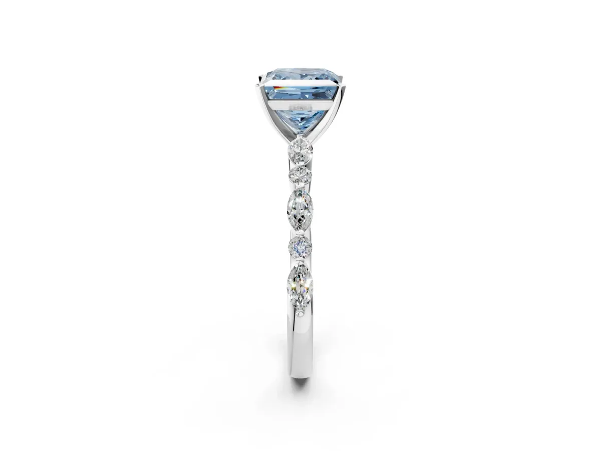 Fancy Blue Princess Cut Diamond Ring with Marquise and Round Side Stones and Four-Prong Setting White gold
