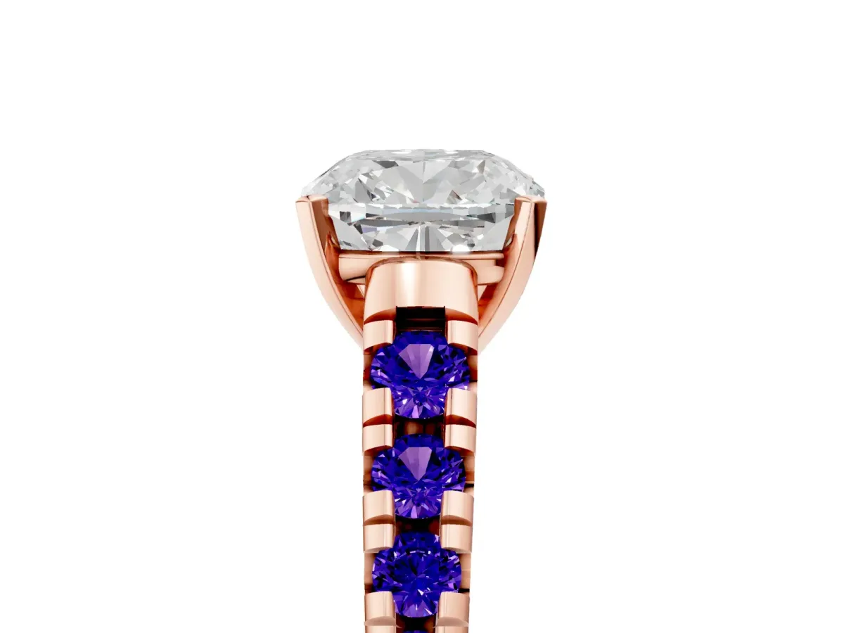 Cushion Cut Diamond Cathedral Solitaire Ring with Round Tanzanite Pavé Band Rose gold