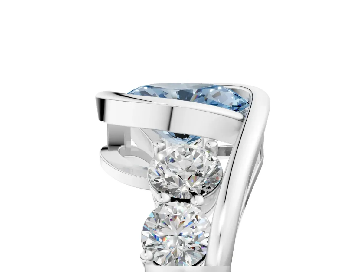 Fancy Blue Bezel Set Oval Cut Diamond Bypass Ring with Round Accents Platinum