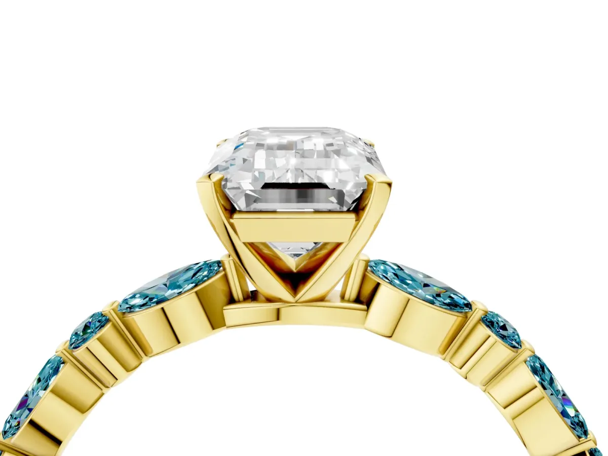 Emerald Cut Diamond Ring with Marquise and Round Blue Topaz Side Stones and Four-Prong Setting Yellow gold