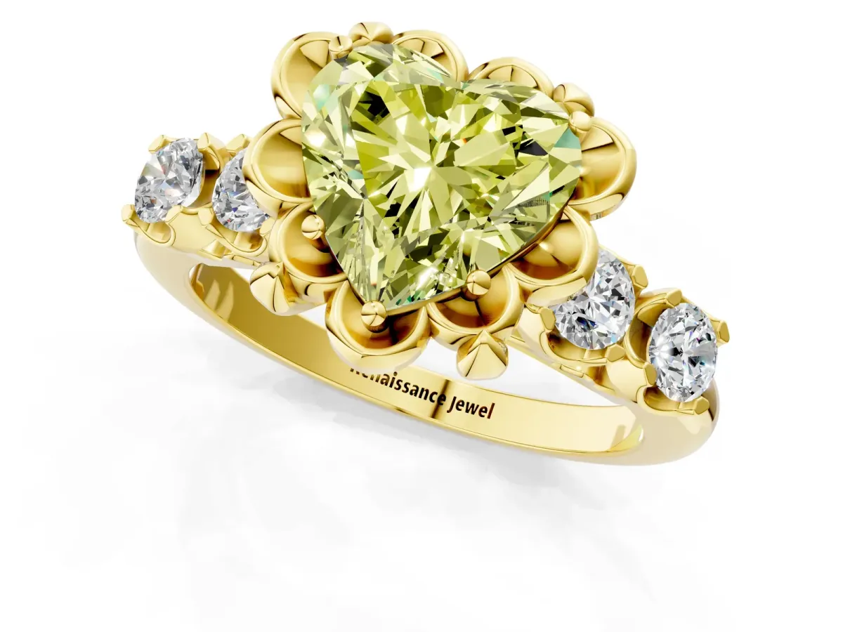 Fancy Yellow Heart Cut Cut Diamond Floral Halo Engagement Ring with Shared Prong Setting Yellow gold