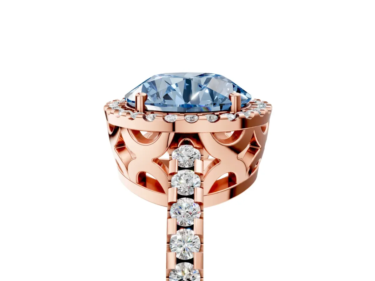 Fancy Blue Round Cut Diamond Halo Engagement Ring with Pavé Band and Prong Setting Rose gold